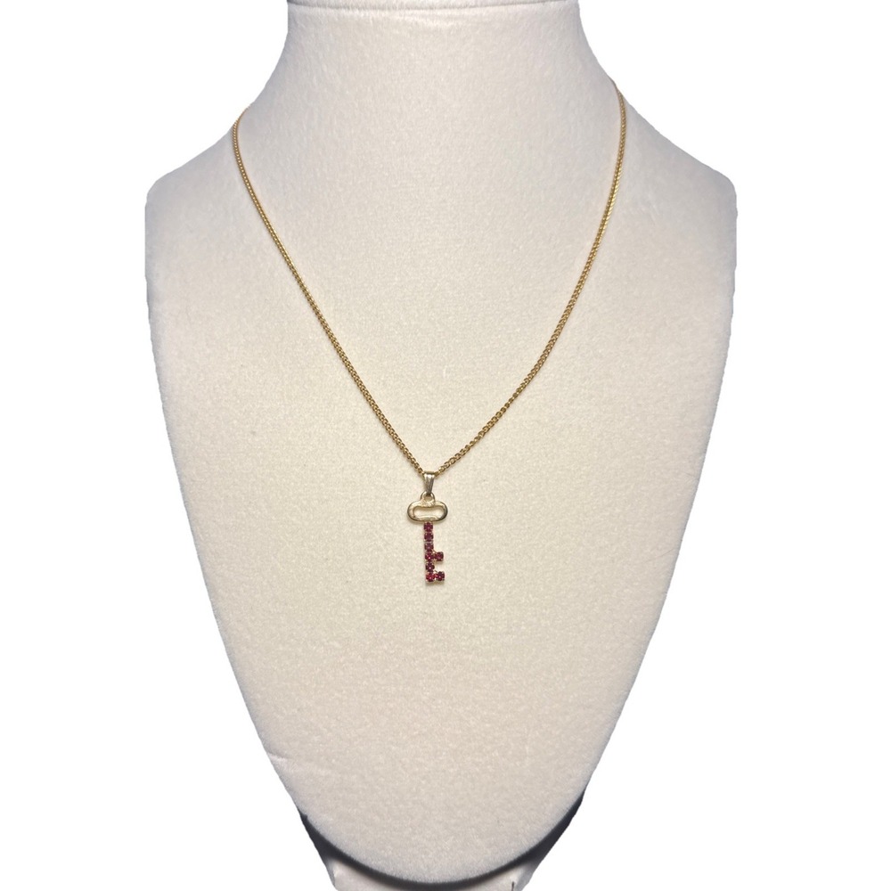 Gold Tone and Red Rhinestone Key Pendant Necklace Vtg J-7M
